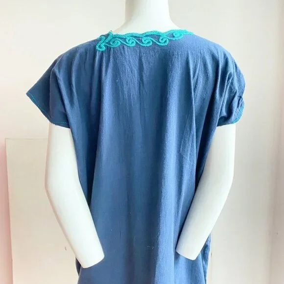 Vintage Navy Blue Cotton Floral Embroidered Tunic Dress L - Picture 6 of 7